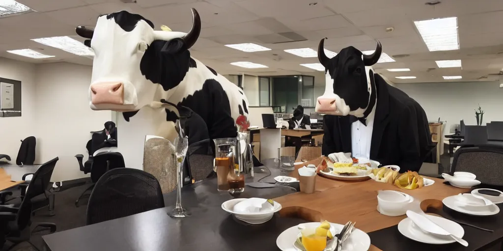 Prompt: a cow wearing a suit in an office having lunch