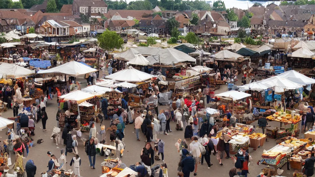 Image similar to a small town market of neanderthals, everyone is busy trading and having fun