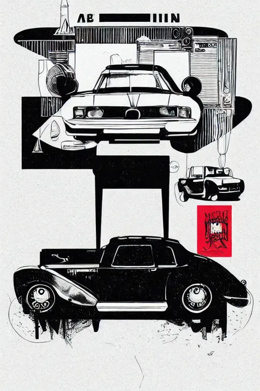 Prompt: a drawing of a car with a hat on top of it, poster art by bauhaus, behance, bauhaus, constructivism, poster art, concert poster