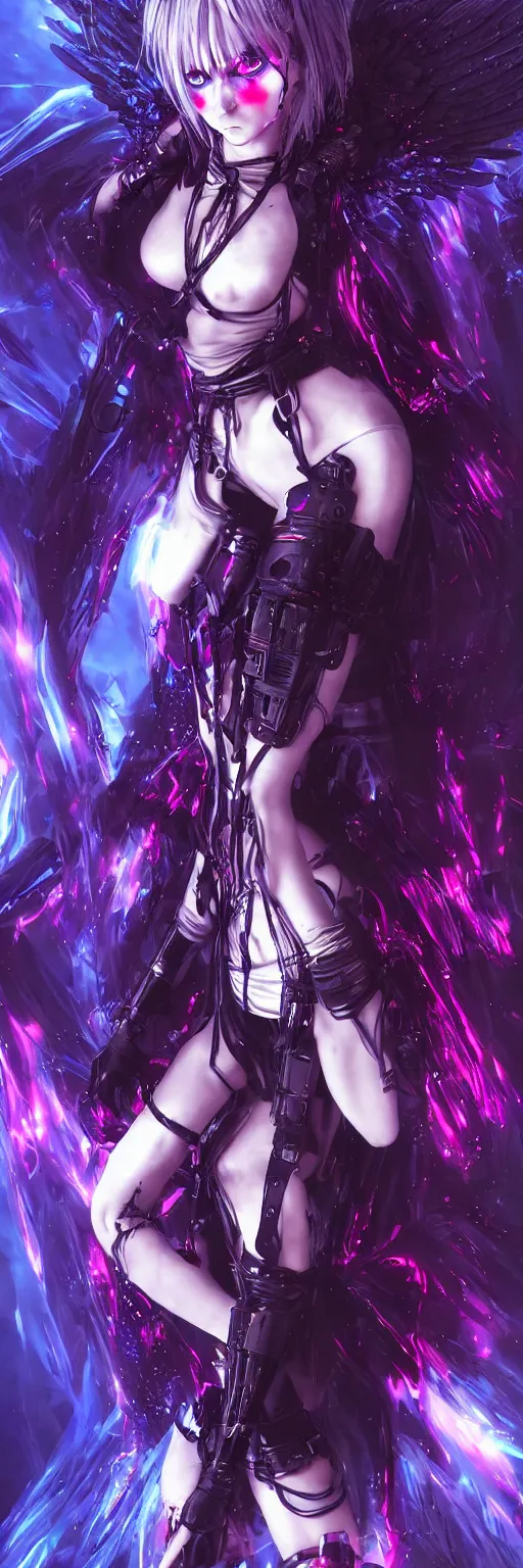 Image similar to anime cyberpunk dark fantasy gothic art, cute and beautiful full body female damaged cyborg - angel in the style of stand alone complex, akira, durararara, red blue purple black fade, intense watery glowing red and blue eyes, cinematic lighting, highly intricate detailed, wavy hair, advanced digital anime art, wlop and rossdraws and sakimimichan