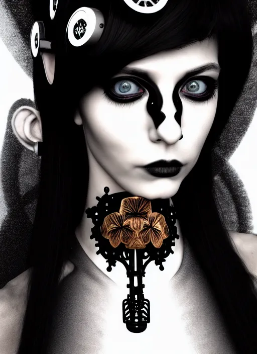 Image similar to black and white gothic masterpiece profile face portrait, one steampunk eye biomechanical beautiful young female cyborg - vampire, body meshes, big monocular, volumetric light, hibiscus flowers, by hg giger, rim light, big gothic fashion pearl embroidered collar, 8 k