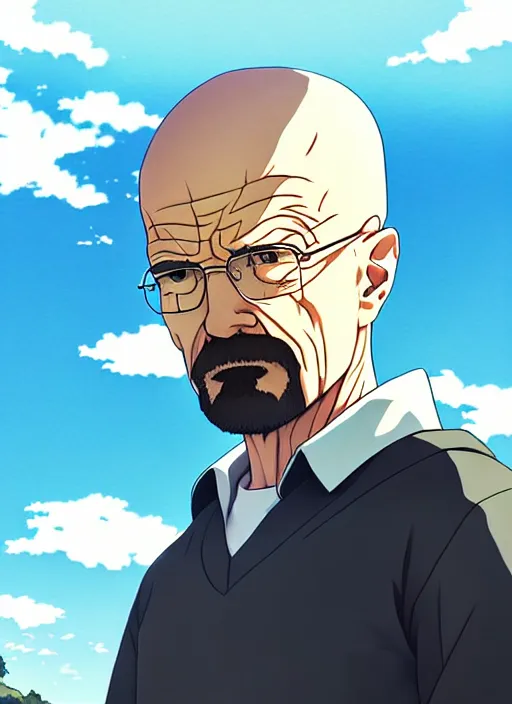 Image similar to walter white, anime style, countryside, calm, fantasy character portrait, dark outlines, dynamic pose, above view, sunny day, artwork by Makoto Shinkai, very coherent asymmetrical artwork, sharp edges, perfect face, simple form, 100mm