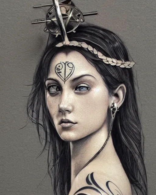 Image similar to realism tattoo sketch of hana soukupova as a beautiful greek goddess aphrodite with piercing eyes wearing a laurel wreath and triangle earrings, in the style of greg rutkowski, amazing detail