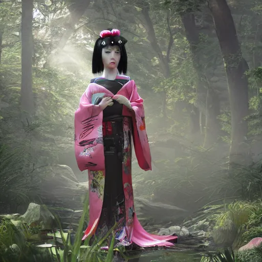 Image similar to cyberpunk geisha in japanese forest, epic, ultra detail, ultra realistic, photorealistic, 4k, god rays, highly detailed, full body, ornate, cinematic lighting, trending on artstation, hyperrealistic, focused, high details, unreal engine 5, cinematic