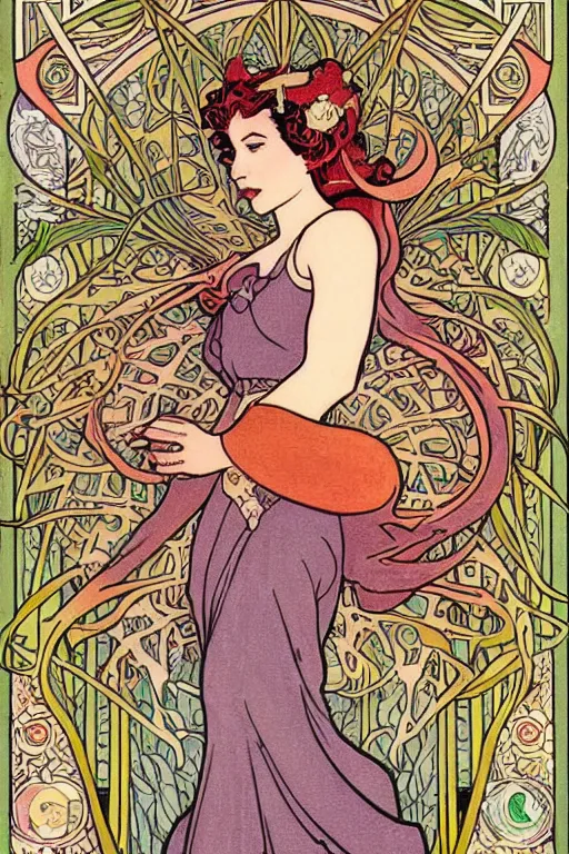 Image similar to full length painting of princess - peach!!!!!!! art nouveau, tarot card by mucha, gaudy colors, sharp edges, intricate line - work.