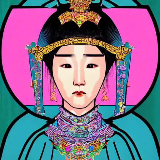 Prompt: portrait of a korean queen in ancient times, acid trip art style, obnoxious art style, cyberpunk aesthetic