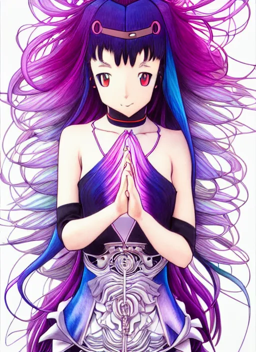 Image similar to pokemon highly detailed artgerm terada katsuya artstation manga poster of girl mechine, hajime sorayama, rainbow gradient bloom, long hair, armor, dress, laces, ruffles, 8 k, maximalist, alphonse mucha
