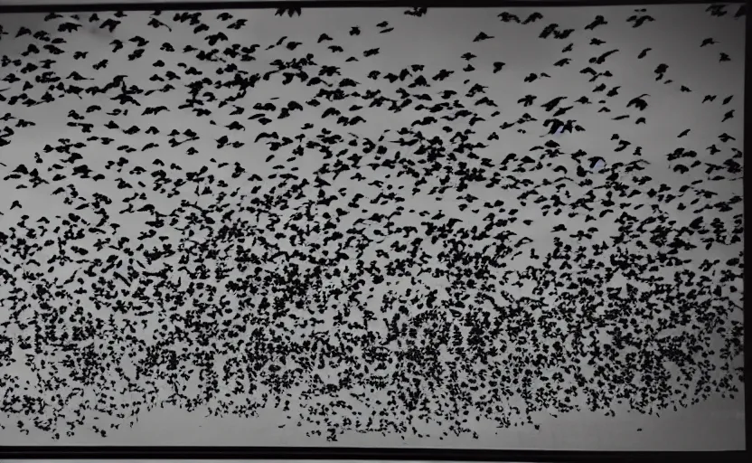 Image similar to low angle photo of a flock of birds scene from the travel plaza window, scene from being john malcovich film directed by charlie kaufman ( 2 0 0 1 ), moody cinematography and lighting, 2 4 mm anamorphic lens