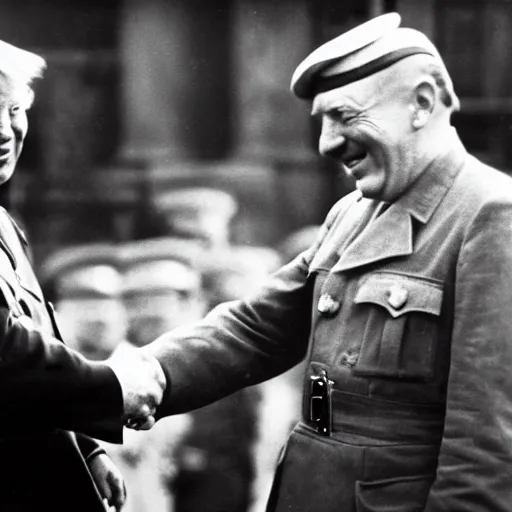 Prompt: world War 2 photograph of a happy Donald Trump shaking hands with Adolf Hitler, highly detailed, award winning photography, 4k, 8k, moody lighting