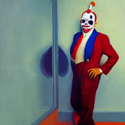 Image similar to a fine art portrait of boris john wearing a clown suit with face paint. in the style of edward hopper, richard hamilton and stanley kubrick.