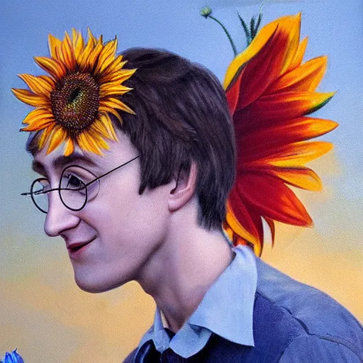 Prompt: hyperrealism portrait where harry potter appears holding a sunflower in the sunflower this inn a beautiful light blue butterfly, half of the background is a beautiful sunset