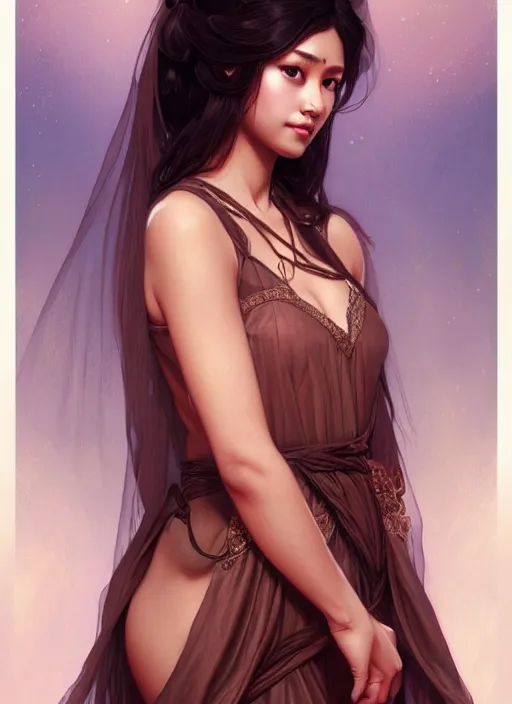 Image similar to cute brown woman wearing a transparent night gown and hanfu face veil, fantasy, intricate, highly detailed, digital painting, artstation, concept art, wallpaper, smooth, sharp focus, illustration, art by artgerm and greg rutkowski and alphonse mucha