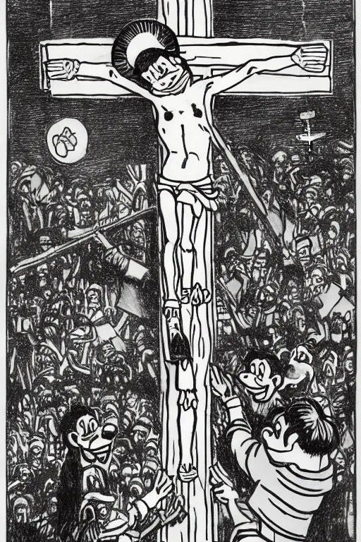 Image similar to steamboat willie crucified on a cross, drawn by Walt Disney