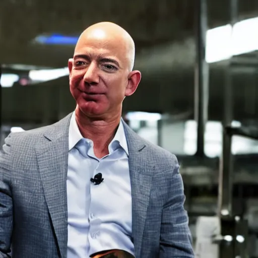 Image similar to jeff bezos being abusive towards his employees and forcing them to work without toilet breaks, sharp focus, hyper realistic, sony 5 0 mm lens