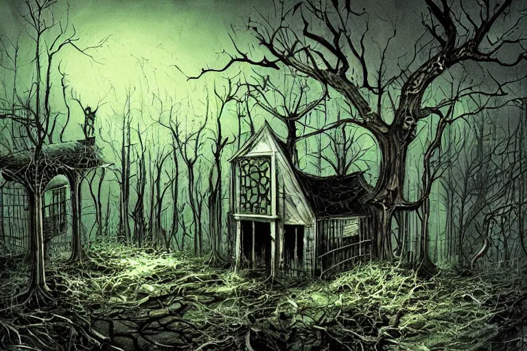 Image similar to mad horror painting of a futuristic alien witch house from another dimension in the woods by ben templesmith