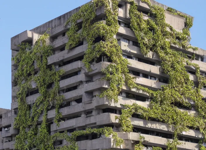 Prompt: the worst excesses of mid 2 0 th century'brutalist'architecture are camouflaged with flowering vines, cinematic matte painting