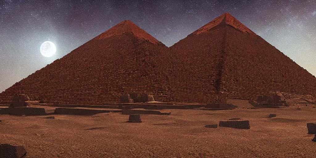 Prompt: meteorite impact the pyramids, greg rutkowski, 8 k, shallow depth of field, full moon, ultra high detail, concept art,