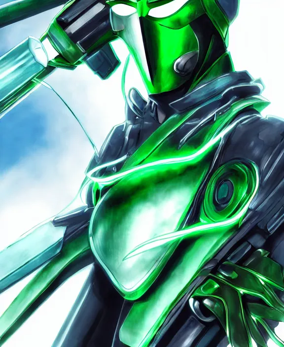 Prompt: an anime portrait of a masked cyborg warrior with jade green armour and a futuristic helmet with a neon jade visor by Yusuke Murata, 4k resolution, detailed