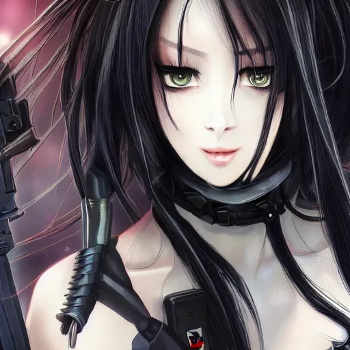 Image similar to upper body portrait of a beautiful girl with long black hair, wearing black riot gear, holding AR-15, drawn by WLOP, by Avetetsuya Studios, attractive character, colored sketch anime manga panel, trending on Artstation