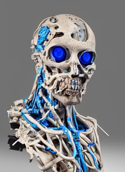 Prompt: a bust sculpture of anatomical detailed cyborg, blue blood, horror, ceramic base, orthographic, studio lighting