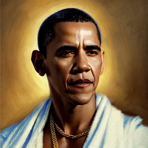 Image similar to detailed realistic cinematic wide shot of beautiful attractive muscular barack obama with gold chain wearing blue bath robe slim face symettrical face clean skin black eyes black robe smooth, sharp focus, ultra realistic, spring light, painting by gaston bussiere, craig mullins, j. c. leyendecker