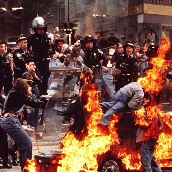 Prompt: the episode of seinfeld where kramer burns a police cruiser and starts a riot