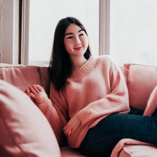 Image similar to selfie photograph of a cute young woman, red blush, wearing casual clothes, small smile, relaxing on a couch, cozy living room, medium shot, 8 k, trending on instagram, trending on pinterest, portra 4 0 0