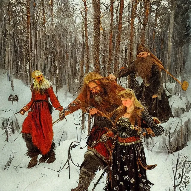 Image similar to russian folk fairytale, story, fable, dramatic, fantasy art, an ultrafine detailed painting, academic art, artstation, by pavel korin, viktor vasnetsov