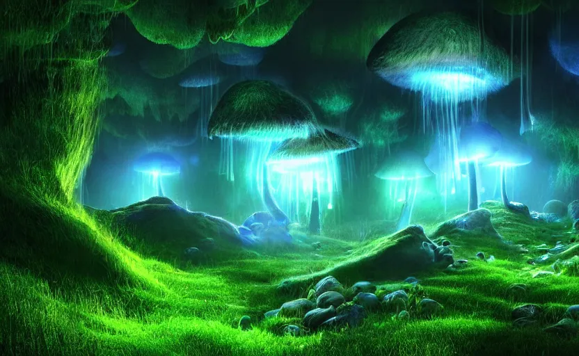 Image similar to a beautiful and stunning professional digital artwork of a glowing mushroom cave, haze, spores floating in the air, waterfall, volumetric lighting, hyperrealistic, green, blue, rtx on, ultra detail