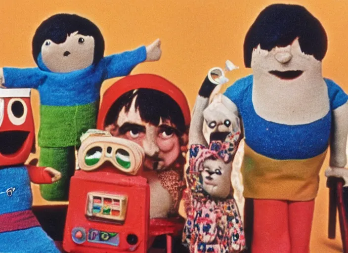 Prompt: a still from a 1 9 7 0 s british children ’ s tv programme by the bbc and oliver postgate, stop motion animation, vhs distortion