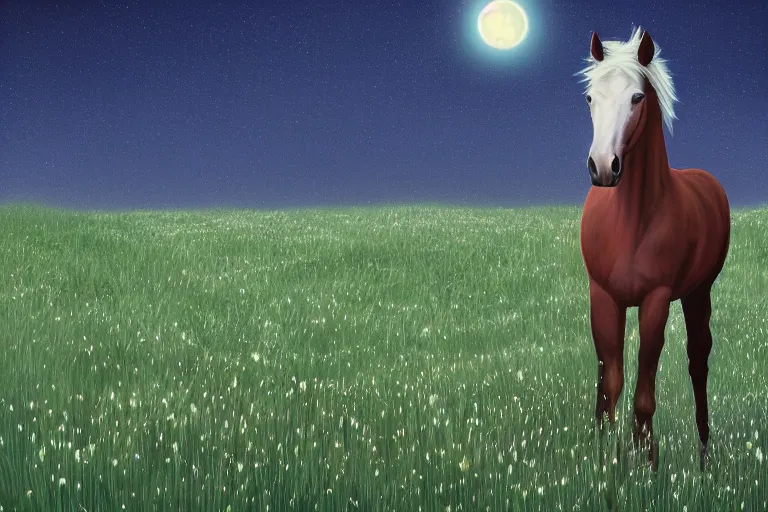 Image similar to a digital painting of a sad horse that's lost in a meadow, tall plants, white lighting, night sky, glows, moonlight,