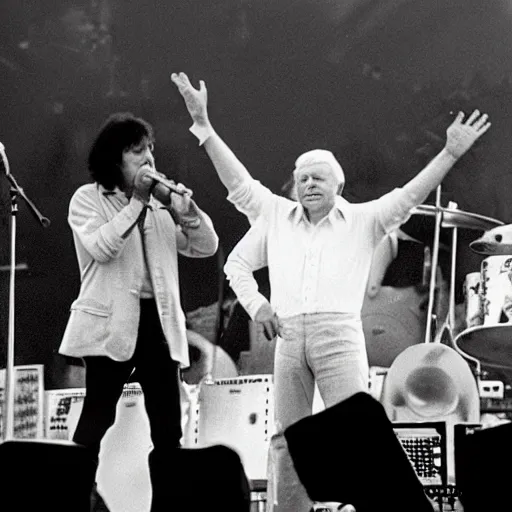 Image similar to david attenborough on stage with queen at live aid