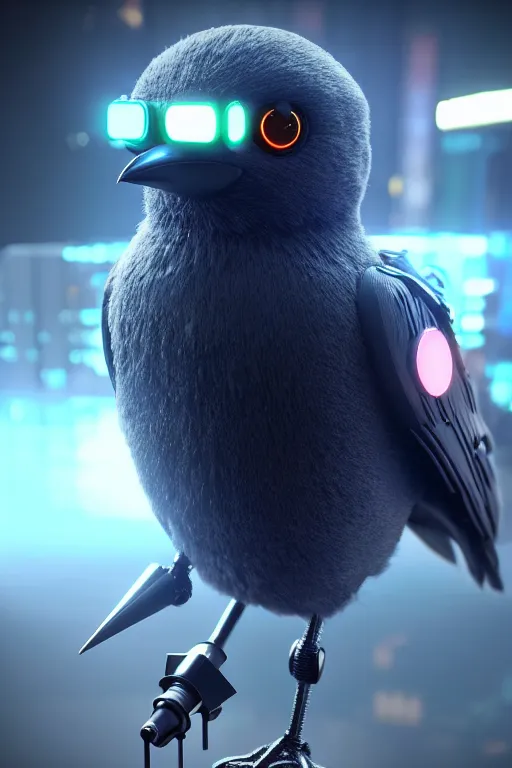 Image similar to high quality 3 d render very cute cyborg crow! sings into microphone!!, cyberpunk highly detailed, unreal engine cinematic smooth, in the style of blade runner & detective pikachu, hannah yata charlie immer, moody light, low angle, uhd 8 k, sharp focus