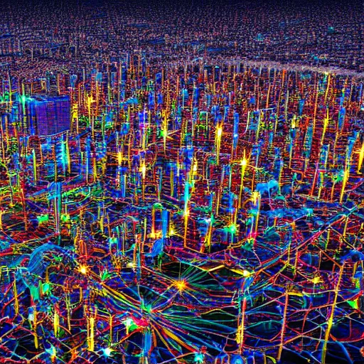 Prompt: an electron microscope image of a sprawling mega city, bokeh, 3D render, magnified, vibrant colors, 4k HD