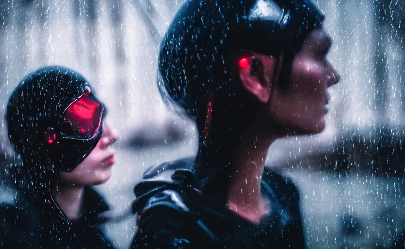 Image similar to cinestill 5 0 d candid action photographic portrait by stanley kubrick of two loving female androids wearing rugged black mesh techwear in treacherous waters, extreme closeup, modern cyberpunk retrofuturism moody emotional cinematic, pouring iridescent rain, 8 k, hd, high resolution, 3 5 mm, f / 3 2, motion blur, ultra realistic faces, ex machina