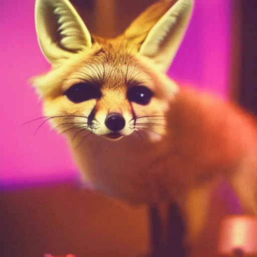 Prompt: kodak ultramax 4 0 0 photograph of a fennec fox in disco club, grain, faded effect, vintage aesthetic, vaporwave colors, disney, cute, furry