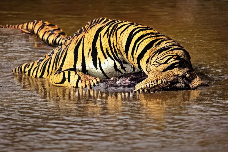 Image similar to an alligator tiger!!! hybrid! hyper realistic!! realistic lighting!! wildlife photographer of the year!!! bold natural colors, national geographic, hd, wide angle, 8 k