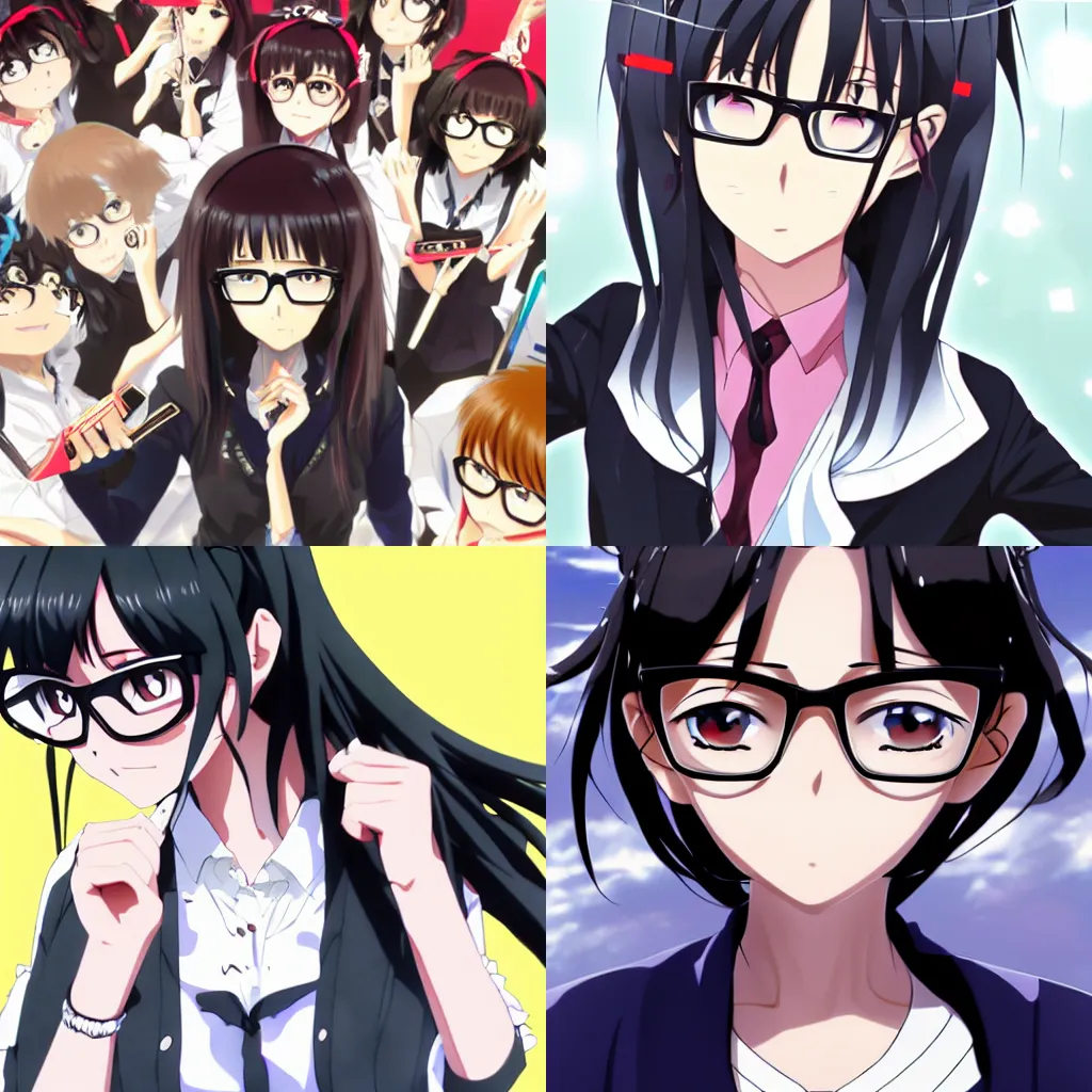 Prompt: Anime key visual of a girl with black hair and glasses, official media, trending on pixiv