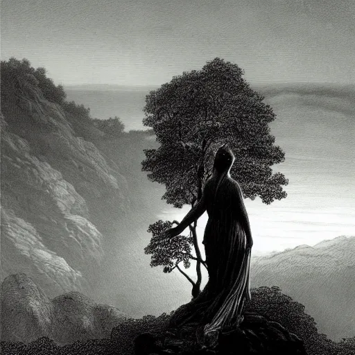 Image similar to A lonely woman, distant city, forest, cliff, gorgeous view, dramatic light, high contrast, illustration by Gustave Doré