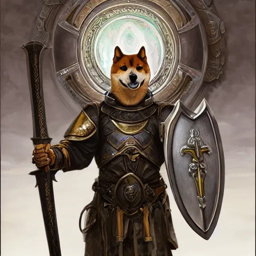 Image similar to anthropomorphic shiba inu, holy paladin armor, holding dragon slayer sword and shield, fantasy, holy light, portrait art by donato giancola and greg rutkowski, realistic face, visible holy aura, digital art, trending on artstation, symmetry