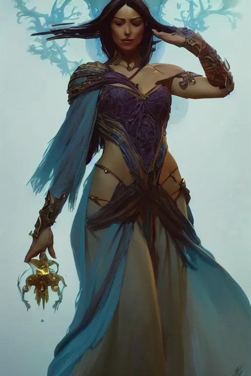 Image similar to beautiful sorceress, accurate anatomy, only two hands, highly detailed, digital painting, artstation, concept art, smooth, sharp focus, illustration, Unreal Engine 5, 8K, art by ross tran and greg rutkowski and alphonse Mucha and Frank Frazetta