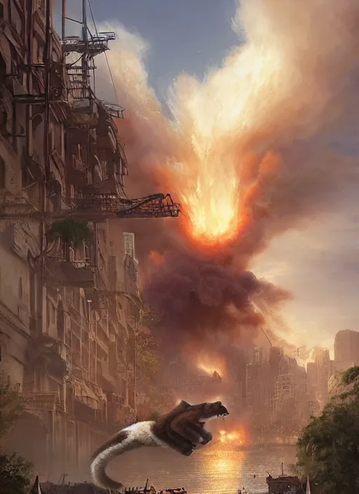 Image similar to hyper realistic giant fluffy caracal attacking city harbor explosions, atmospheric beautiful details, strong composition painted by kim jung giu weta studio rutkowski, james gurney and greg rutkowski, and lucasfilm