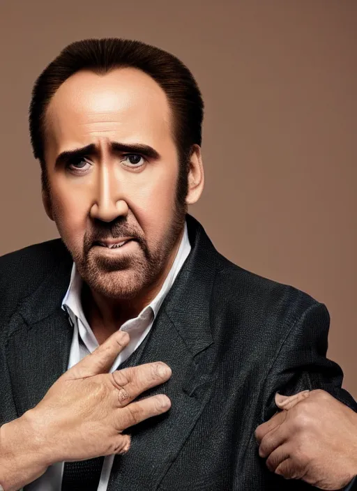 Prompt: portrait photo still of nicolas cage giving a handshake, 8 k, 8 5 mm, f. 1 4, beautiful composition