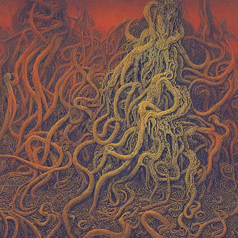 Image similar to lovecraftian seamless pattern by beksinski, jean delville,