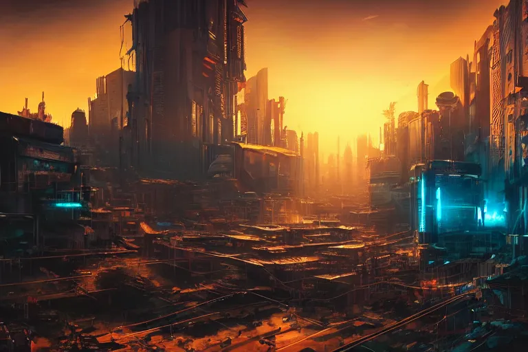 Cyberpunk City landscape with a sunset, Ai Generated Cyberpunk Wallpaper/ Background, Stock Illustration