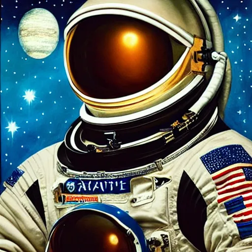 Prompt: “astronaut on board international space station wearing black space suit and gold helmet and ornaments, highly detailed, realistic, sparkle, portrait, no flag patch, symmetrical, photorealistic, proportional, beauty, fish eye lens, nasa, spacex, galaxies, in the style of Edward hooper oil painting sun rising”