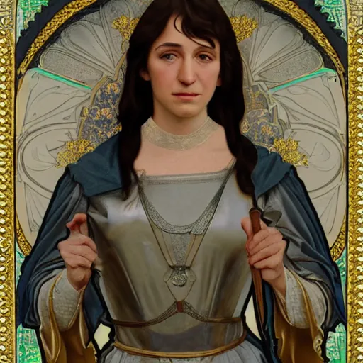 Image similar to portrait of charlotte gainsbourg as joan of arc, hyperreal digital painting, iconography influenced by alphonse mucha and eugene delacroix, arstation and deviantart trends, high resolution 8 k