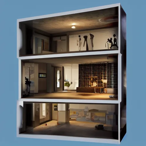 Image similar to human head building, cross section view showing a miniature living room inside, unreal engine, 12k