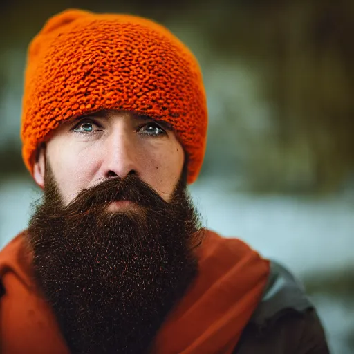 Image similar to A bearded wizard with an orange beanie, dramatic, cinematic, (EOS 5DS R, ISO100, f/8, 1/125, 84mm, postprocessed, crisp face, facial features)