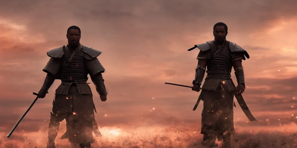 Prompt: a film still of a black man starring in a japanese blockbuster film as samurai, futuristic, shallow depth of field, cinematic, award winning cgi, vfx, film still